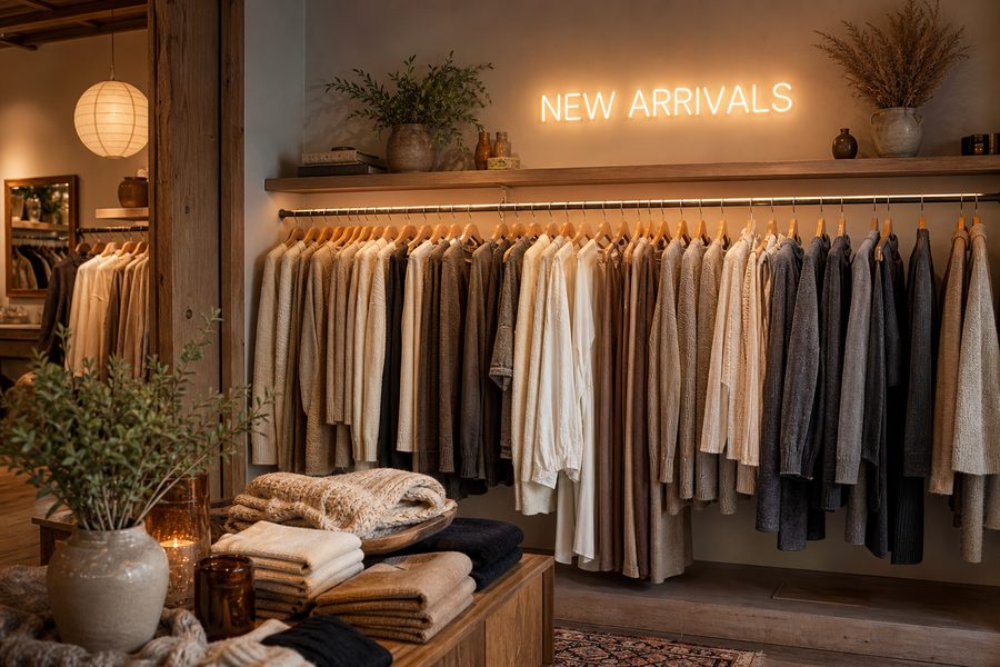 Boutique clothing racks with a new arrivals sign