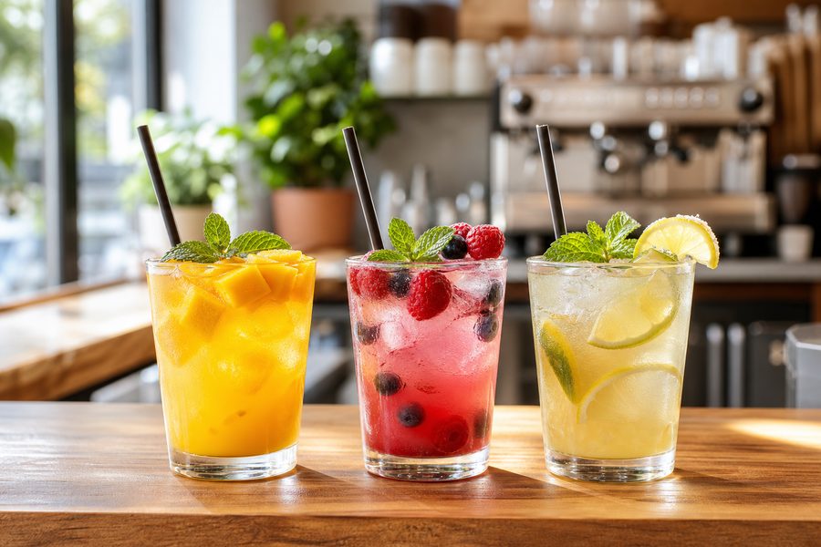 Colorful iced drinks at a coffee shop counter